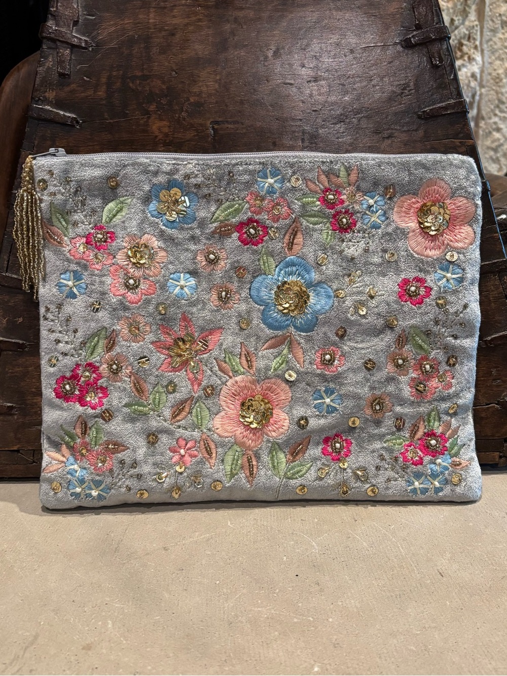 Velvet Floral Embroidered Pouch/Makeup Bag